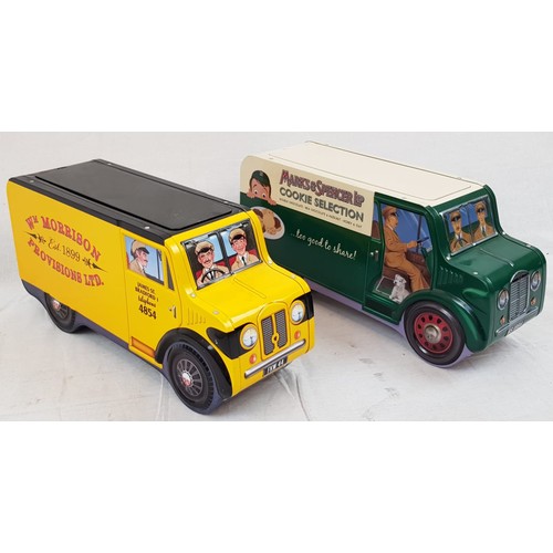 875 - 2 Vintage Biscuit Tin Vans. Morrisons and Marks and Spencer. 32cm