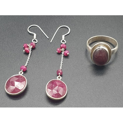 892 - A collection of ruby dangler earrings with a Cabochon ruby ring size Q in sterling silver, approxof ... 