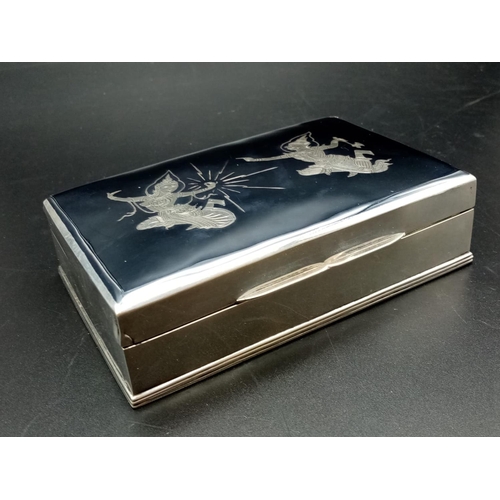 919 - Decorative, Thai Sterling Silver Jewellery Box. Wood interior. 313g total weight. 14 x 9cm