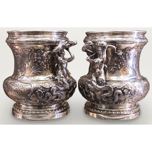 20 - 19th Century pair of German Hanau solid Silver wine / champagne coolers, each exceptionally decorati... 