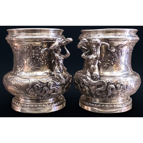 20 - 19th Century pair of German Hanau solid Silver wine / champagne coolers, each exceptionally decorati... 