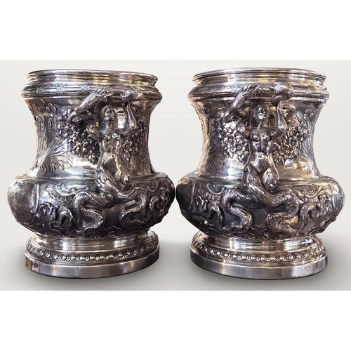 20 - 19th Century pair of German Hanau solid Silver wine / champagne coolers, each exceptionally decorati... 