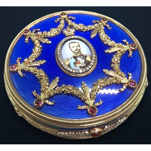 48 - Antique style 14k Solid yellow Gold Enamel Diamond And Ruby Large Russian Portrait box, A stunning p... 