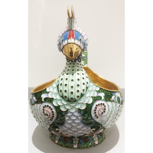 17 - Russian large silver enamel gem stone kovsh in the shape of a bird with floral design.
22cm length 
... 