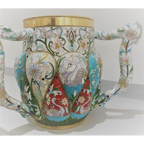 59 - An antique Russian silver enamel rare triple handle vase. Weight 1041 grams 
Height 16cm
Length hand... 