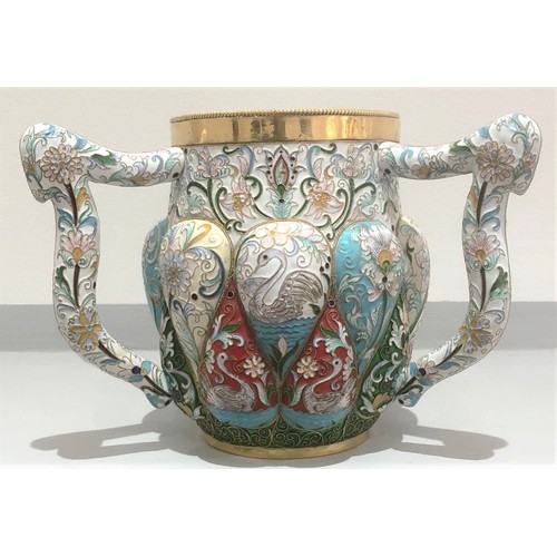 59 - An antique Russian silver enamel rare triple handle vase. Weight 1041 grams 
Height 16cm
Length hand... 