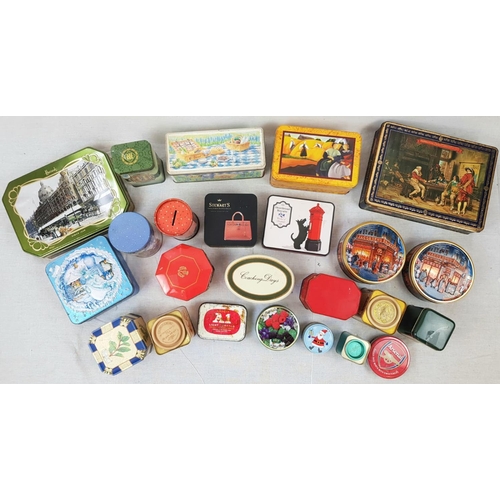 219 - A SELECTION OF VINTAGE TINS TO INCLUDE A HARRODS TIN, WADDINGTONS TIN,DARJEELING TEA TIN, CHURCHILLS... 