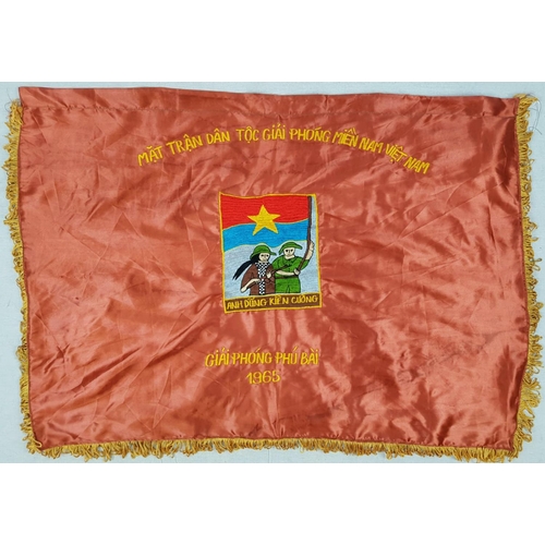 266 - Vietnam War Era Vietcong Embroidered Victory Banner on a silky material. “National Liberation Front ... 