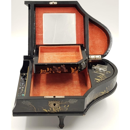 442 - Beautiful Vintage Musical Jewellery Box in a Piano Shape. Gloss Black Lacquer finish with Mother of ... 