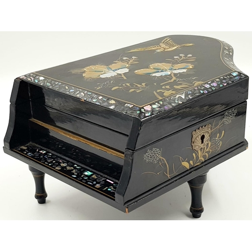 442 - Beautiful Vintage Musical Jewellery Box in a Piano Shape. Gloss Black Lacquer finish with Mother of ... 