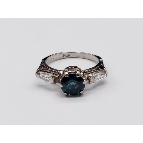 127 - Platinum vintage ring with sapphire centre and 2x tapered diamonds on shoulders, weight 4g and size ... 