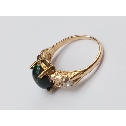 180 - Vintage Yellow gold ring with black opal centre and diamonds set on shoulders, weight 4.3g and size