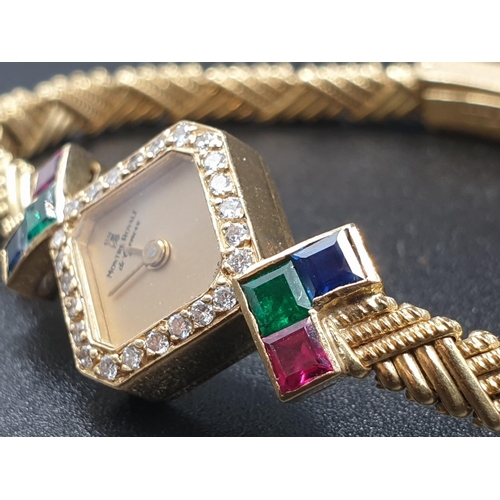 35 - A MONTRE ROYALE OF GENEVA 18K GOLD LADIES DRESS WATCH WITH DIAMOND BEZEL AND RUBI, SAPHIRE AND EMERA... 