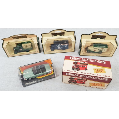 488 - Mixture of Three Die Cast Vans, Double Decker Bus (1:76) and a 1971 Mercedes 350.