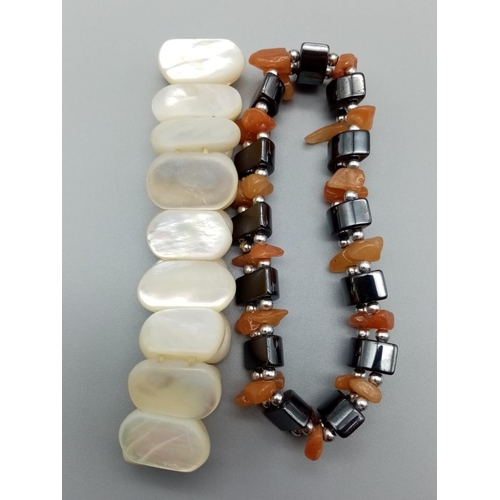 790 - 2x fashion bracelets stretchable bands, one is mother of pearl the other with carnelian stones