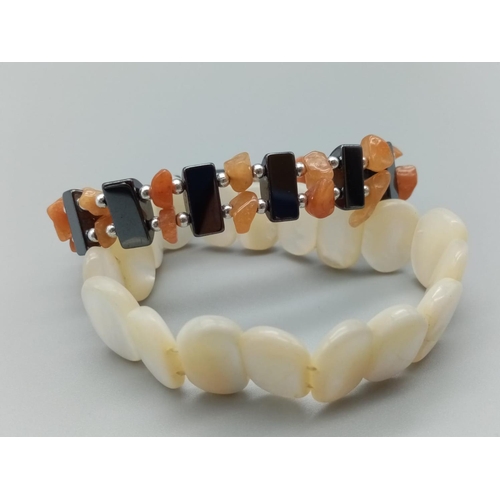 790 - 2x fashion bracelets stretchable bands, one is mother of pearl the other with carnelian stones