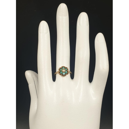 144 - 9K YELLOW GOLD VINTAGE TURQUOISE & PEARLFLORAL DESIGN CLUSTER RING WEIGHT 2.5G SIZE J