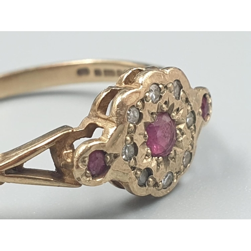 165 - 9K YELLOW GOLD VINTAGE DIAMOND & TROLOGY RUBY RING WEIGHT 1.8G SIZE P