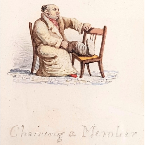 996 - Antique Satirical Small Painting/Illustration Entitled: Chairing a Member. In Frame - 17 x 20cm