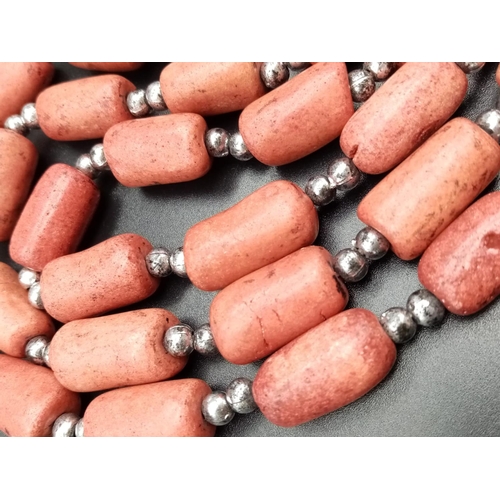 816 - Very long natural red stone beaded chain, 120cm long