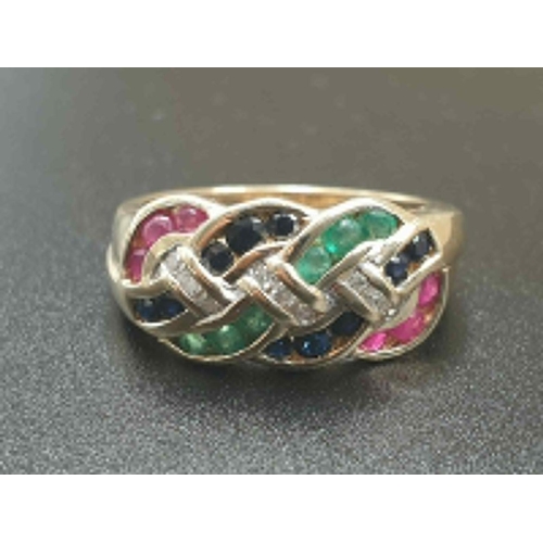 47 - 9K YELLOW GOLD VINTAGE MULTI STONE SET RING WITH DIAMOND, RUBY, SAPPHIRE & EMERALD , WEIGHT 4.3G SIZ... 