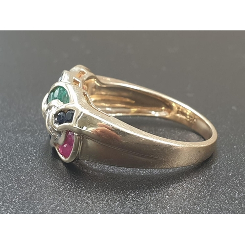 47 - 9K YELLOW GOLD VINTAGE MULTI STONE SET RING WITH DIAMOND, RUBY, SAPPHIRE & EMERALD , WEIGHT 4.3G SIZ... 