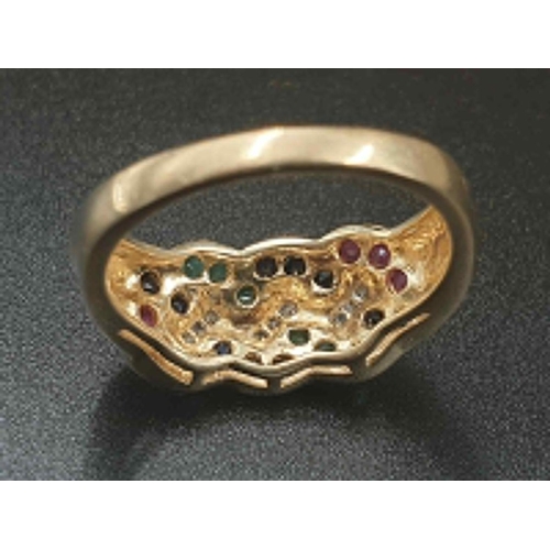 47 - 9K YELLOW GOLD VINTAGE MULTI STONE SET RING WITH DIAMOND, RUBY, SAPPHIRE & EMERALD , WEIGHT 4.3G SIZ... 