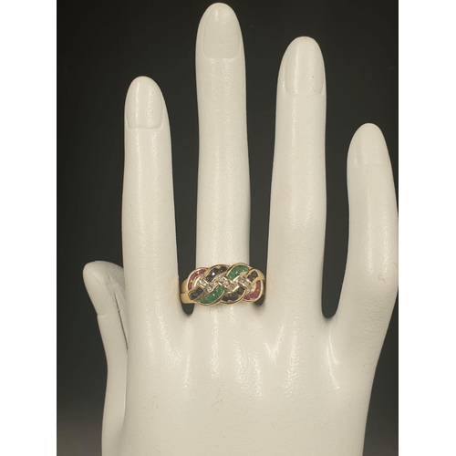 47 - 9K YELLOW GOLD VINTAGE MULTI STONE SET RING WITH DIAMOND, RUBY, SAPPHIRE & EMERALD , WEIGHT 4.3G SIZ... 