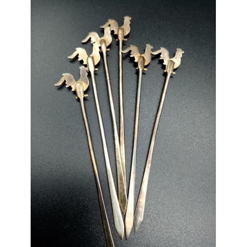 809 - 6x white metal sticks with rooster heads 8cm long approx