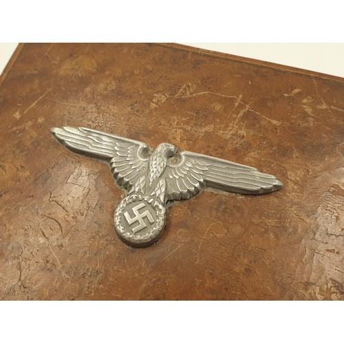 79 - WW2 Period Walnut VENEER BOX adorned with a Waffen SS CAP EAGLE.