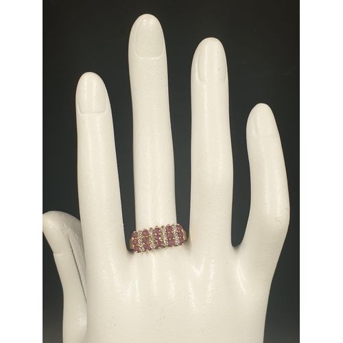 158 - 9K YELLOW GOLD DIAMOND & RUBY FANCY STEP RING, WEIGHT 2.5G SIZE P