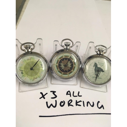 70 - Vintage gaming Horse Racing POCKET WATCHES.  X3 all working, when wound the mechanical arm spins aro... 