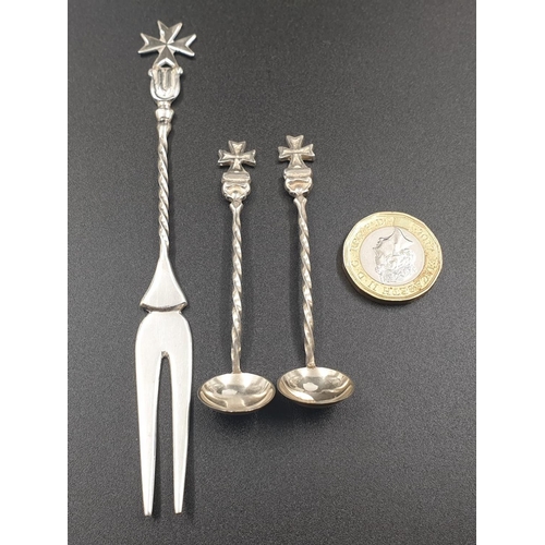 622 - 3 Miniature Pieces of Silver Maltese Cutlery. 2 Ladles and 1 Fork, all bearing the Maltese Cross at ... 