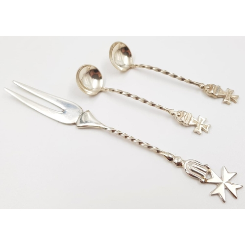 622 - 3 Miniature Pieces of Silver Maltese Cutlery. 2 Ladles and 1 Fork, all bearing the Maltese Cross at ... 