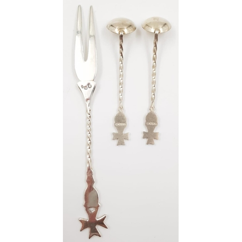 622 - 3 Miniature Pieces of Silver Maltese Cutlery. 2 Ladles and 1 Fork, all bearing the Maltese Cross at ... 