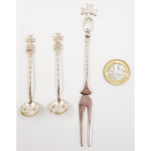 622 - 3 Miniature Pieces of Silver Maltese Cutlery. 2 Ladles and 1 Fork, all bearing the Maltese Cross at ... 