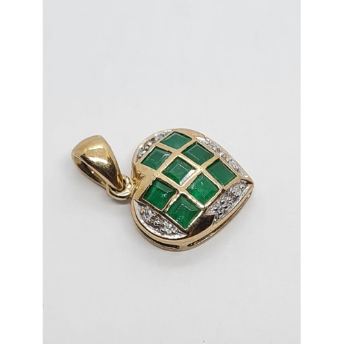 162 - 9K YELLOW GOLD DIAMOND & EMERALD HEART PENDANT  