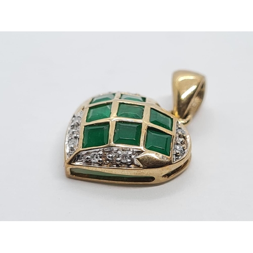 162 - 9K YELLOW GOLD DIAMOND & EMERALD HEART PENDANT  