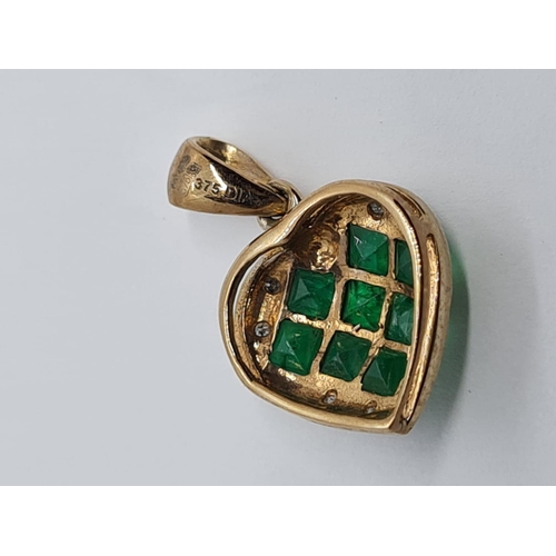 162 - 9K YELLOW GOLD DIAMOND & EMERALD HEART PENDANT  