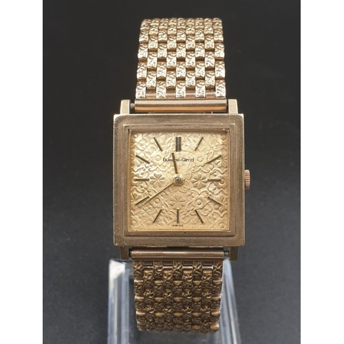 256 - A BUECHE-GIROD 9K GOLD GENTLEMANS WRIST WATCH WITH SOLID GOLD STRAP AND VERY RARE GOLD FACE    24MM ... 