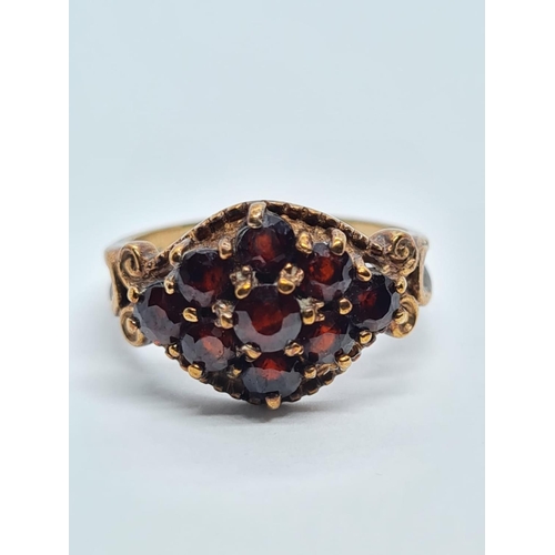 260 - 9K ROSE GOLD VINTAGE GARNET SET CLUSTER RING WEIGHT 3.2G SIZE L1/2