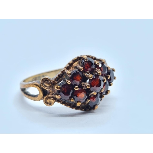 260 - 9K ROSE GOLD VINTAGE GARNET SET CLUSTER RING WEIGHT 3.2G SIZE L1/2