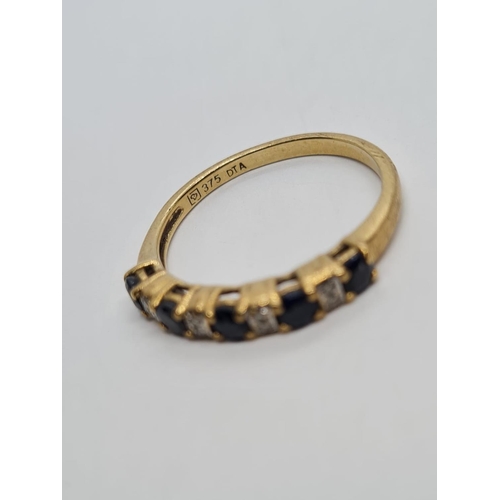 281 - 9K YELLOW GOLD VINTAGE DIAMOND & SAPPHIRE HALF ETERNITY RING WEIGHT 2G SIZE M1/2