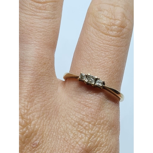 538 - 9K YELLOW GOLD DIAMOND 3 STONE SET VINTAGE RING APPROX 0.10CT DIAMONDS WEIGHT 1.8G SIZE S1/2