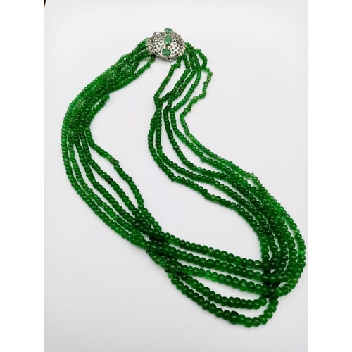 607 - A 5 rows of Jadeite Gemstone Beads Necklace with silver and Emerald Clasp, 298ct of Gemstone Beads, ... 