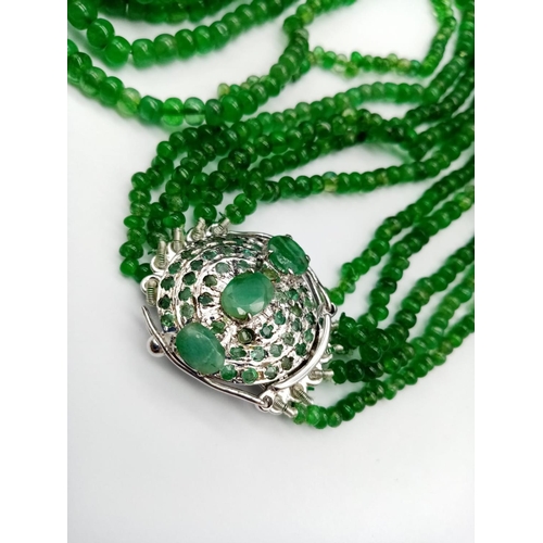 607 - A 5 rows of Jadeite Gemstone Beads Necklace with silver and Emerald Clasp, 298ct of Gemstone Beads, ... 