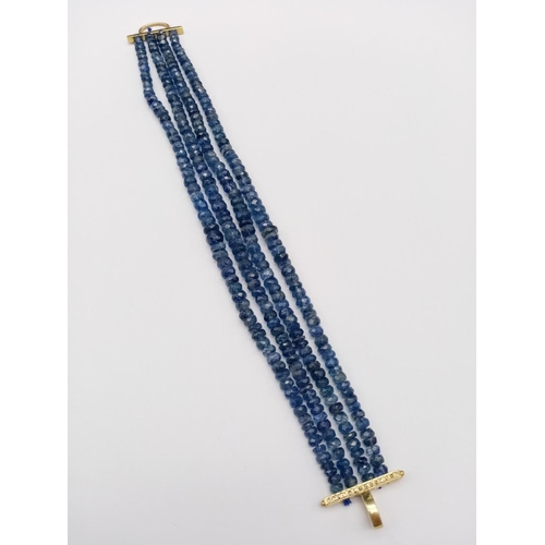 621 - A 4 rows of Kyanite Gemstone Beads Bracelet with Gold Plated Diamond Clasp, 170cts of kyanites, 0.15... 