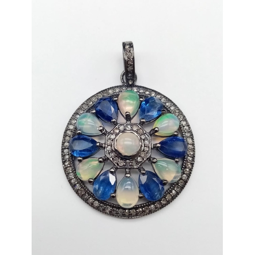 72 - Art Deco Kyanite and Opal Pendant in 925 Silver with diamonds surround. 5.60cts kyanites, 3.40ct opa... 