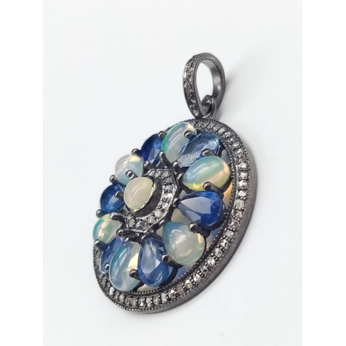 72 - Art Deco Kyanite and Opal Pendant in 925 Silver with diamonds surround. 5.60cts kyanites, 3.40ct opa... 