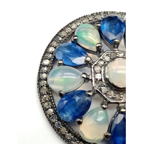 72 - Art Deco Kyanite and Opal Pendant in 925 Silver with diamonds surround. 5.60cts kyanites, 3.40ct opa... 